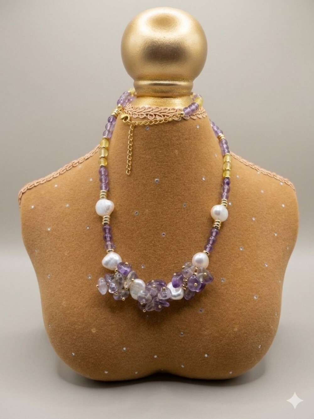 Purple Amethyst Citrine genuine stone & Fresh Water Pearl Cluster Necklace